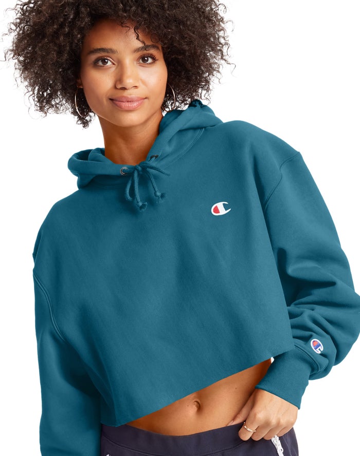 Champion Reverse Weave Cropped Cut-Off C Logo Hoodie Dames - Blauw - Belgie 5294FVTES